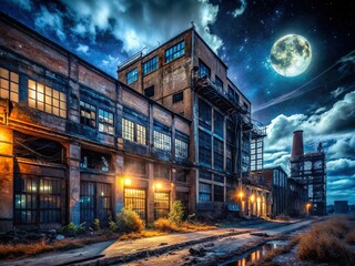Obraz premium Eerie Night at Abandoned Factory - Industrial Decay Stock Photo