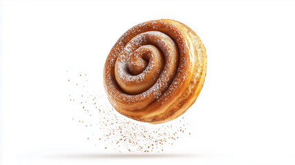A golden-brown cinnamon roll with a delicious spiral of cinnamon sugar, in white background