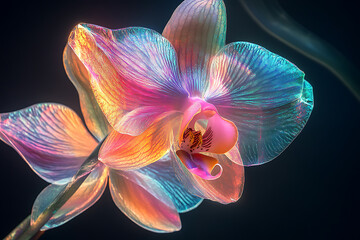 Plakat Colorful orchid flower illuminated by light in a dark background showcasing its vivid hues and intricate details