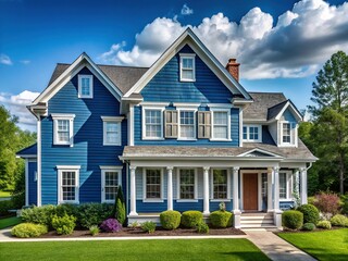 Elegant Blue Vinyl Siding Home with Double Gable Roof, White Corbels & Metal Roof
