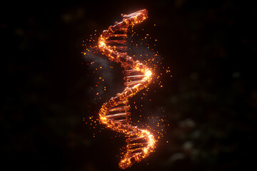 Obraz premium Illuminated DNA helix swirling with sparks in a dark setting displaying the beauty of genetic structure