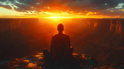 Obraz premium A serene figure meditating at sunset over a vast canyon landscape.