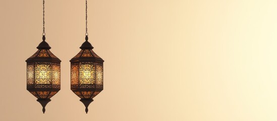 Obraz premium Two ornate hanging lanterns illuminate a beige background.