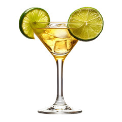 Refreshing gold cocktail with lime garnish in martini glass isolated transparent background