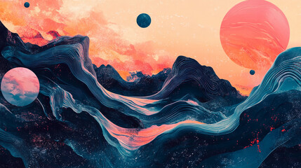 Colorful abstract landscape with planets and swirling textures in digital design showcasing a cosmic theme. Generative AI