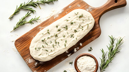 A photograph of white dough with herbs on top, in the shape of an oval pizza base, placed flat and on its side on a wooden board, surrounded by scattered flour, with rosemary leaves lying nearby, 