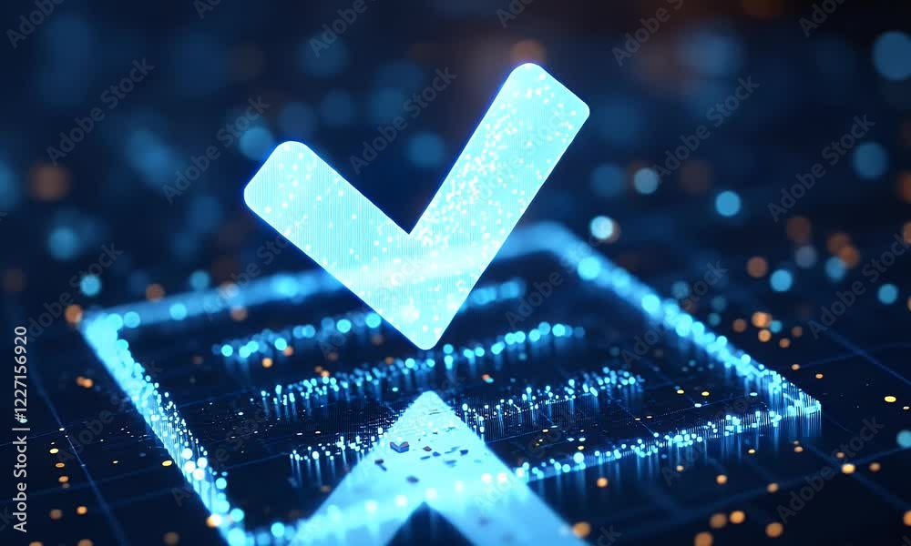 Poster glowing checkmark on digital grid, abstract background