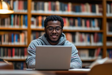 Student engaged in study session surrounded by books in college library focused environment warm lighting academic pursuit inspiring viewpoint