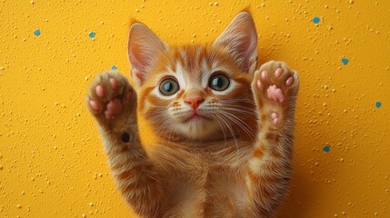 The kitten, gazing curiously at the camera, waves its paw in the air