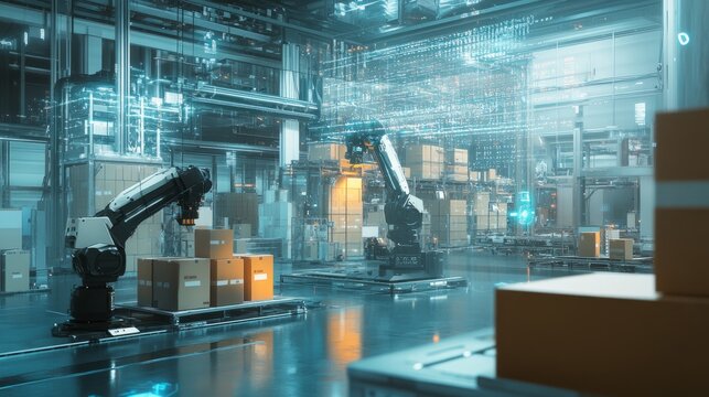 A smart warehouse with automated robotic arms handling cardboard boxes, enhanced by digital technology overlays and data analytics.