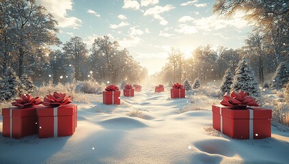 Snowy winter landscape with pine trees covered in snow, gift boxes in the foreground, and a cloudy sky with falling snowflakes