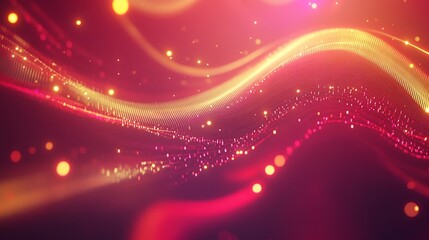 Red gold light wave abstract background, particles, bokeh