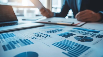 Business meeting with handshake and data analysis charts and laptop on desk