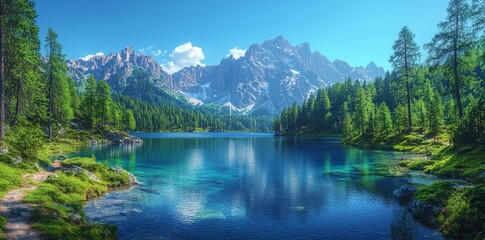 Fototapeta premium Summer day. Alps in Switzerland. Path across the lake. Forestscape in summer. Walking in the canton of Grisons