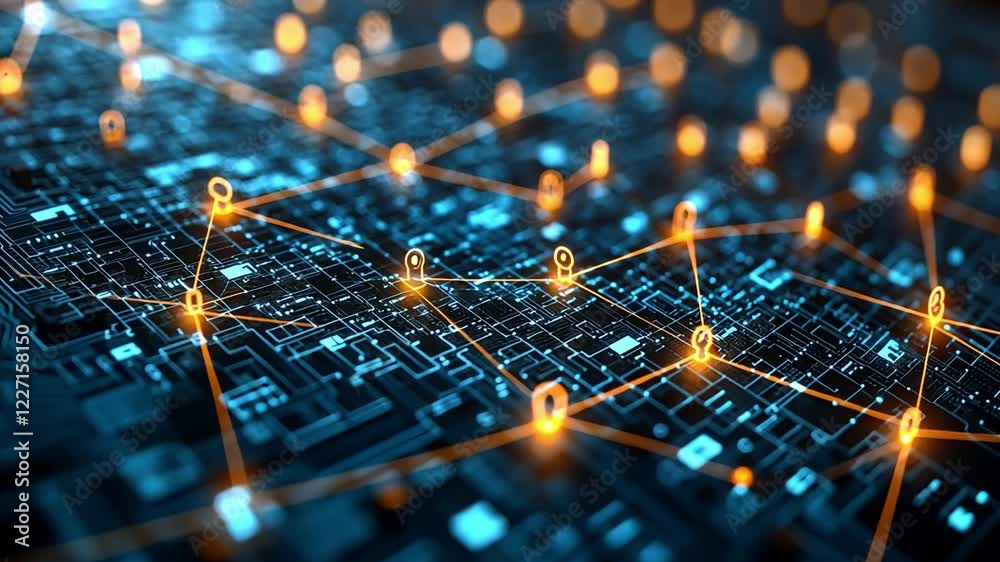 Poster visual representation of a digital network with interconnected nodes and glowing markers
