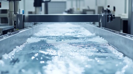 Ice-water industrial cleaning conveyor, factory background