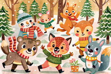 Obraz premium Animals cartoon playing in the snow forest