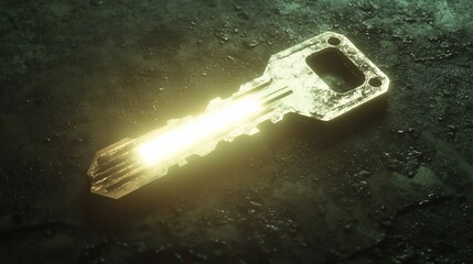 Glowing metallic key on dark surface, abstract background, security concept