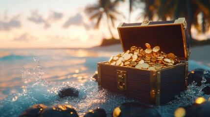 Treasure Chest Overflowing with Gold Coins by Tropical Beach Sunset