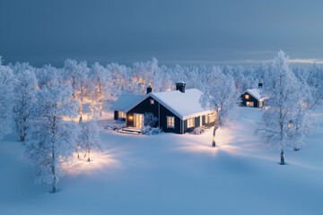 Rural property loan. Snow covered rural property with cozy cabins and illuminated trees