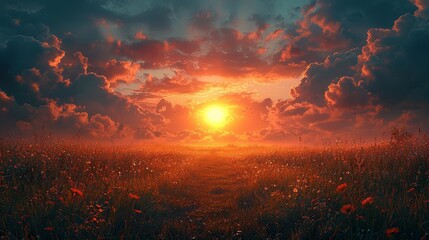 Fototapeta premium Oil painting of a field with sun rays and dew drops in a morning landscape