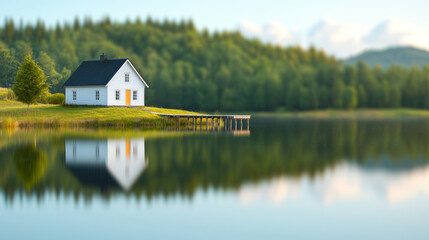 Fototapeta premium Rural property loan. quaint rural home with small wooden pier extending over calm lake