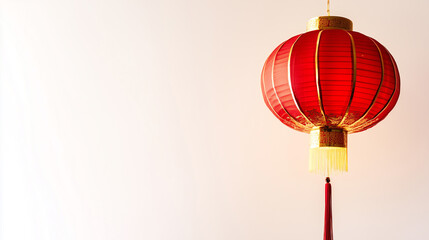 Obraz premium A traditional Chinese red lantern hanging elegantly, surrounded by soft golden light, on a white background with ample copy space.