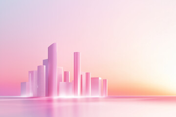Soft pastel colors fill the sky as geometric towers rise above a serene horizon, creating a futuristic skyline at early morning. Gentle natural light enhances the tranquil mood