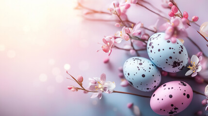 Fototapeta premium Easter eggs with spring cherry blossom branches on a pastel background