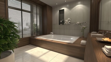 Modern Bathroom Design Featuring Freestanding Tub And Wood Accents
