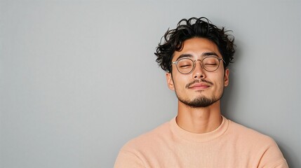 Obraz premium Calm young man in glasses with closed eyes against light gray background.
