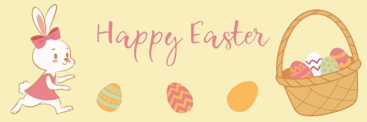 Easter cute banner with rabbit, basket with colored eggs