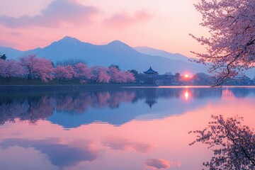 Fototapeta premium Beneath a spectacular sunset, a tranquil lake and vibrant cherry blossoms are framed by the grandeur of the mountains