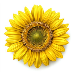 A vibrant yellow sunflower with green leaves, centered on a white background, in a high-resolution PNG cutout and in a flat style suitable for vector graphics. The flower is beautifully detailed, 