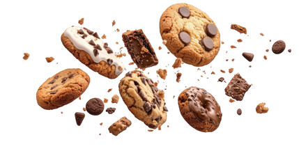 Delicious cookies floating in air, showcasing various flavors and textures