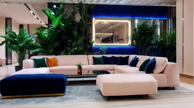 Levanto living room featuring modular seating in soft blush velvet, accented by deep navy and emerald green cushions. The walls are smooth plaster