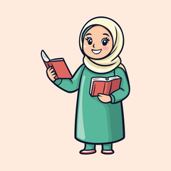 Cute cartoon Hijab Girl Holding Book