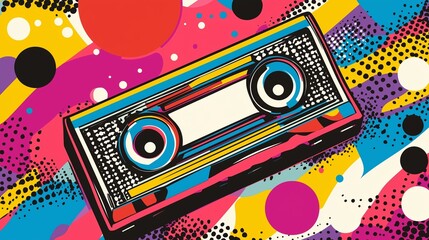 Colorful pop art cassette tape with retro abstract background.