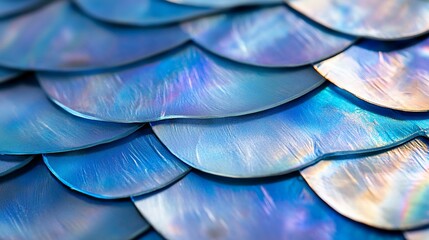 Obraz premium Blue iridescent scales texture close-up; background blur; design element