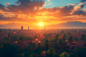 Naklejka premium A stunning sunset over a cityscape with mountains and palm trees in the background.