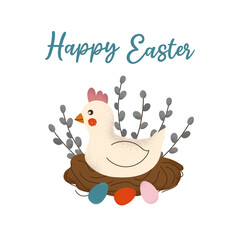 Square card with chicken, nest, painted eggs, willow branches and typography for Happy Easter. Hand drawn clip art with noise texture on white background. Spring flat vector illustration.