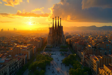 Naklejka premium A stunning sunset view of a famous basilica surrounded by a vibrant cityscape.