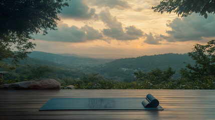 A yoga mat is placed on the outdoor wooden platform, surrounded by lush greenery and mountains in the background, creating a peaceful ambiance. 