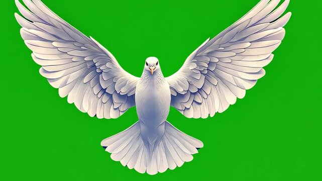Dove of Peace: A majestic white dove with wings outstretched in a powerful symbol of peace, hope, and serenity. The vibrant green background enhances the bird's purity. 
