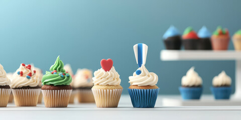 Row of colorful cupcakes with different frosting blue background