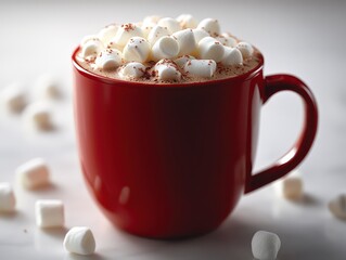 Red mug, hot chocolate, marshmallows, winter, kitchen counter, cozy drink, food photography