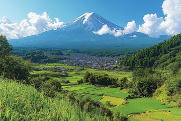 Fototapeta premium Japanese green tea plantations on Nihondaira and Mt. Fuji extending over the sea
