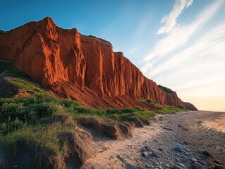 Majestic red cliffs meet a sandy beach under a blue and cloudy sky at dusk