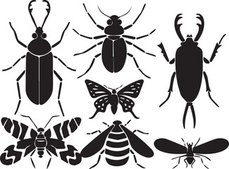 A set of insects silhouettes for flat design. Hand drawn vector illustration