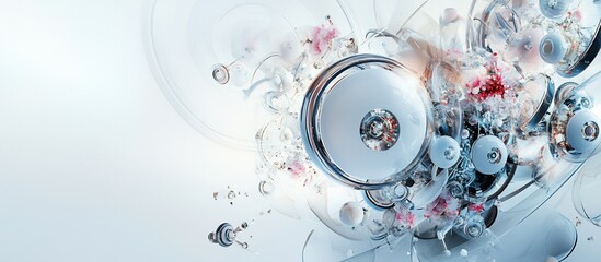 Abstract spheres swirling, light blue background, digital art, website banner